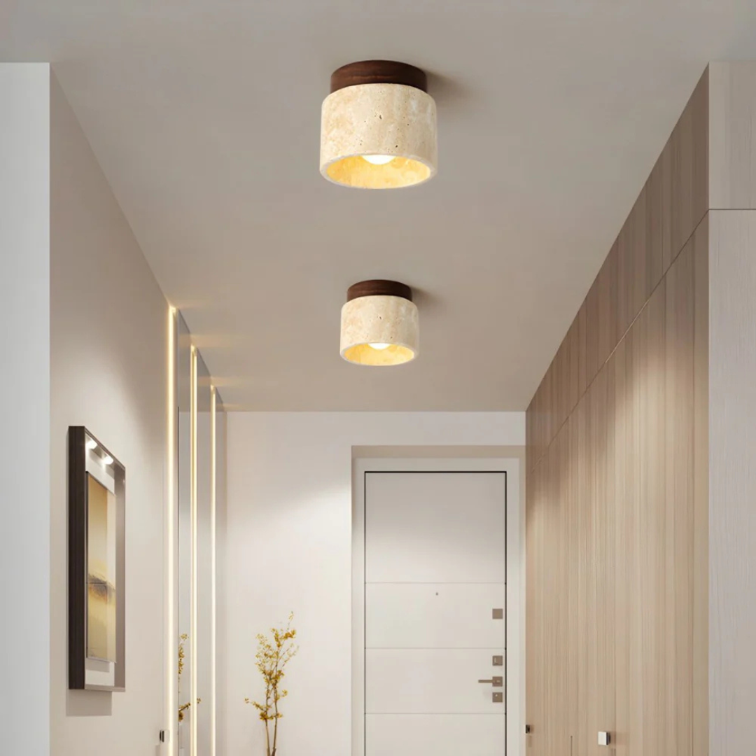 Cilindervormige Travertin Plafondlamp met Houten Accent – Japans Geïnspireerd Design met Warm Licht-DeWoonVallei-DeWoonVallei