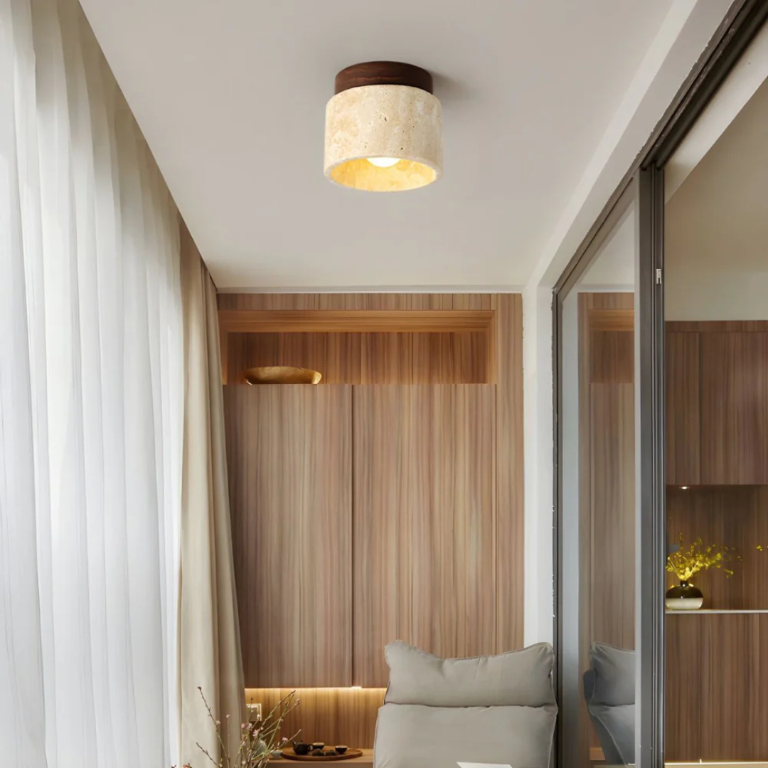 Cilindervormige Travertin Plafondlamp met Houten Accent – Japans Geïnspireerd Design met Warm Licht-DeWoonVallei-Walnoot-DeWoonVallei