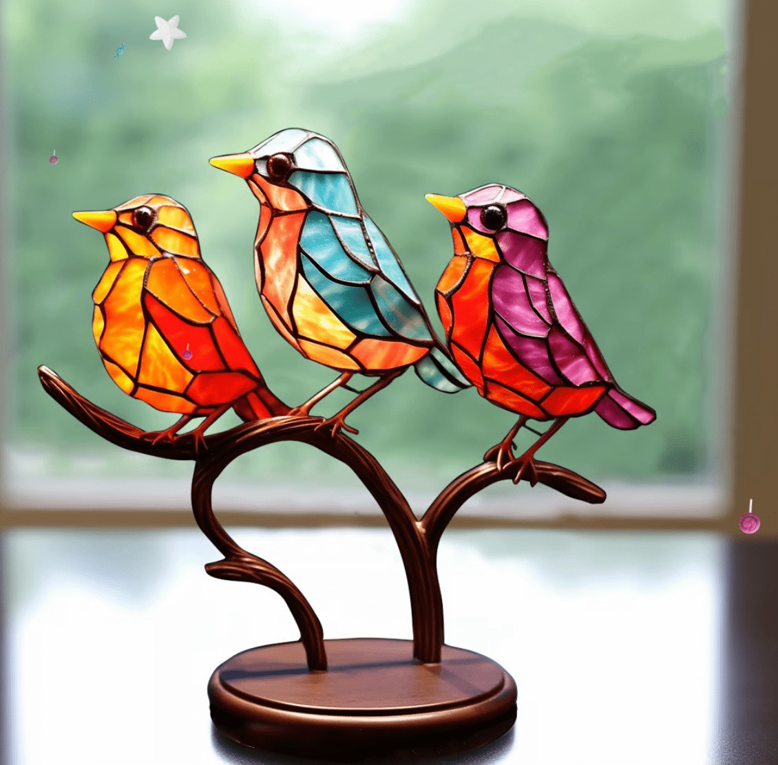 Gebrandschilderd Vogel Ornament – Handgemaakt Design & Kleurrijke Woondecoratie-Home & Garden-DeWoonVallei-Avontuurlijk (3 vogels)-DeWoonVallei