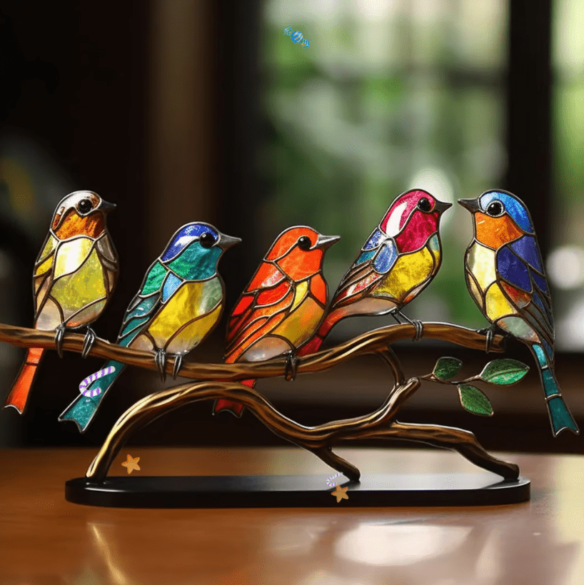 Gebrandschilderd Vogel Ornament – Handgemaakt Design & Kleurrijke Woondecoratie-Home & Garden-DeWoonVallei-Harmonie (5 vogels)-DeWoonVallei
