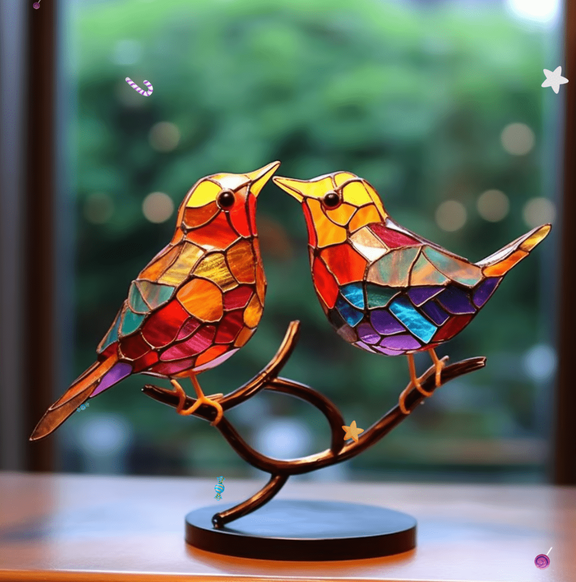Gebrandschilderd Vogel Ornament – Handgemaakt Design & Kleurrijke Woondecoratie-Home & Garden-DeWoonVallei-Liefde (2 vogels)-DeWoonVallei
