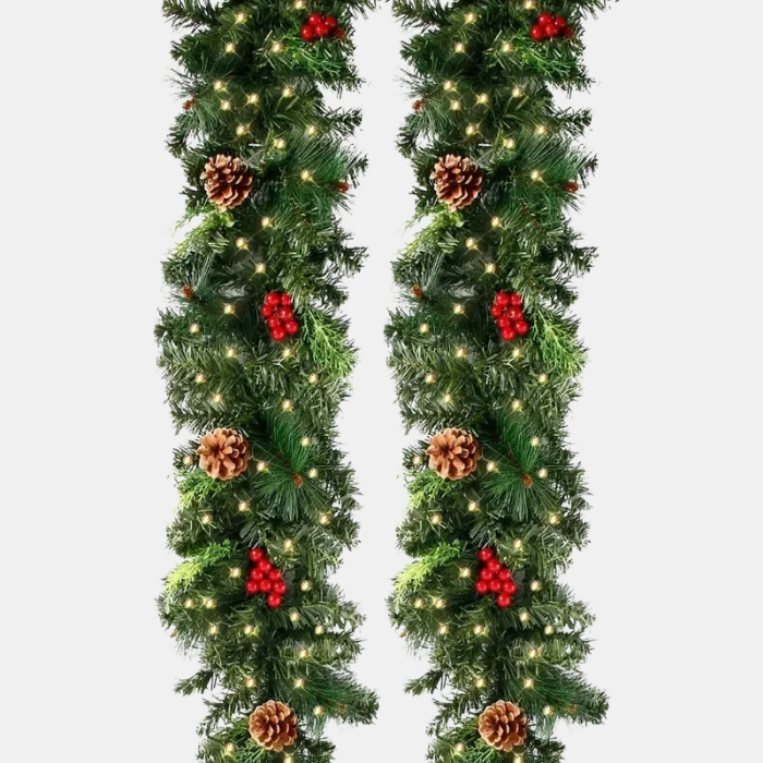 Kerst Guirlande met LED-Verlichting, Dennennaalden en Rode Bessen – Breng Warmte en Feestelijke Sfeer in Huis-DeWoonVallei-Groen-DeWoonVallei
