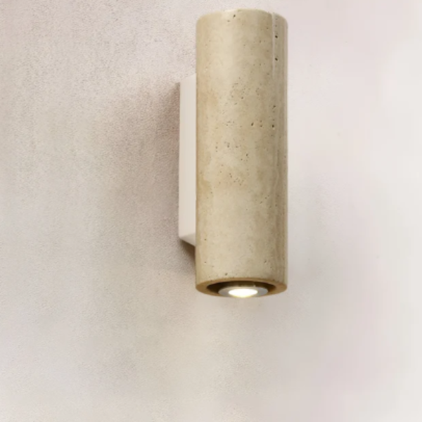 Natuurlijke Travertin Wandlamp Moderne Stenen Ontwerp voor Elegante Interieurs-Wall Light-DeWoonVallei-Beige rond met metalen basis-klein 6.5 x 16 cm-Warm lichtt (3000K)-DeWoonVallei