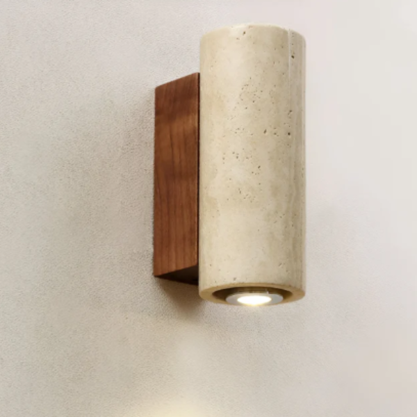 Natuurlijke Travertin Wandlamp Moderne Stenen Ontwerp voor Elegante Interieurs-Wall Light-DeWoonVallei-Beige rond met walnoothouten basis-klein 6.5 x 16 cm-Warm lichtt (3000K)-DeWoonVallei