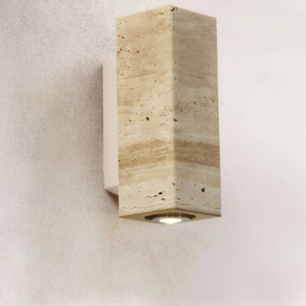 Natuurlijke Travertin Wandlamp Moderne Stenen Ontwerp voor Elegante Interieurs-Wall Light-DeWoonVallei-Beige vierkant met metalen basis-klein 6.5 x 16 cm-Warm lichtt (3000K)-DeWoonVallei