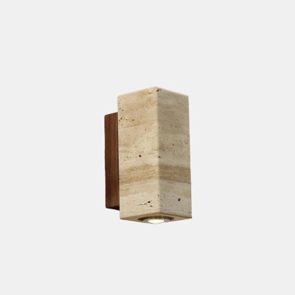 Natuurlijke Travertin Wandlamp Moderne Stenen Ontwerp voor Elegante Interieurs-Wall Light-DeWoonVallei-Beige vierkant met walnoothouten basis-klein 6.5 x 16 cm-Warm lichtt (3000K)-DeWoonVallei