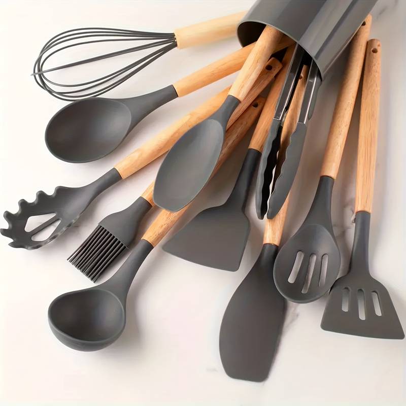 Premium Siliconen Keukenset 12-delig – Hittebestendig, Krasvrij & Ergonomisch Ontwerp voor Moeiteloos Koken-DeWoonVallei-Donkergrijs-DeWoonVallei