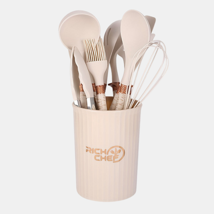 Premium Siliconen Keukenset – Elegant, Hittebestendig & Krasvrij Gereedschap voor Moeiteloos Koken-DeWoonVallei-Wit/Goud-DeWoonVallei