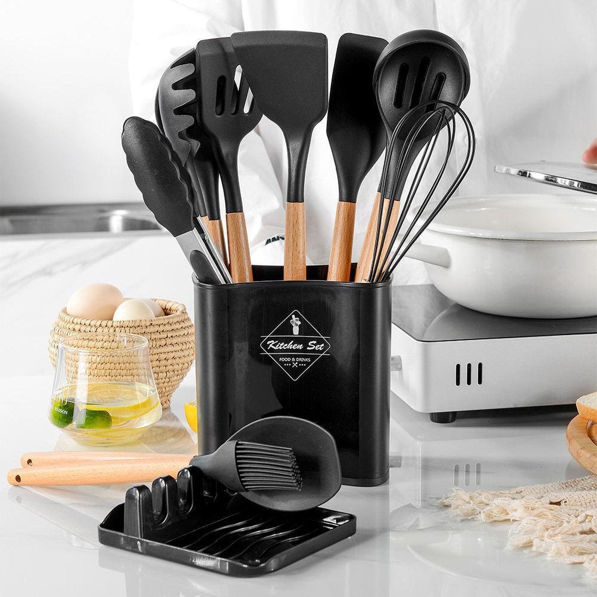 Premium Siliconen Keukenset – Hittebestendig, Milieuvriendelijk & Stijlvol Gereedschap voor Moeiteloos Koken-DeWoonVallei-Zwart-DeWoonVallei