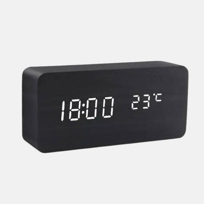 Wekker met Houtlook en LED-display, Spraakbesturing en Instelbare Helderheid voor een Moderne, Natuurlijke Uitstraling-DeWoonVallei-Zwart-blokvormig-DeWoonVallei