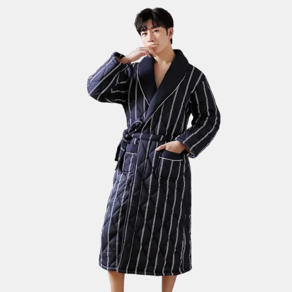 3-laags Gewatteerde Winterbadjas voor Ultieme Warmte en Comfort-bathrobe-DeWoonVallei-Gestreept Blauw-4XL-DeWoonVallei