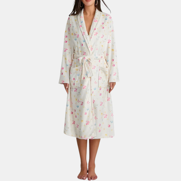 Bloemen Fleece Badjas Zacht Gezellig Elegant Comfort-Robes-DeWoonVallei-Wit C-Klein-DeWoonVallei
