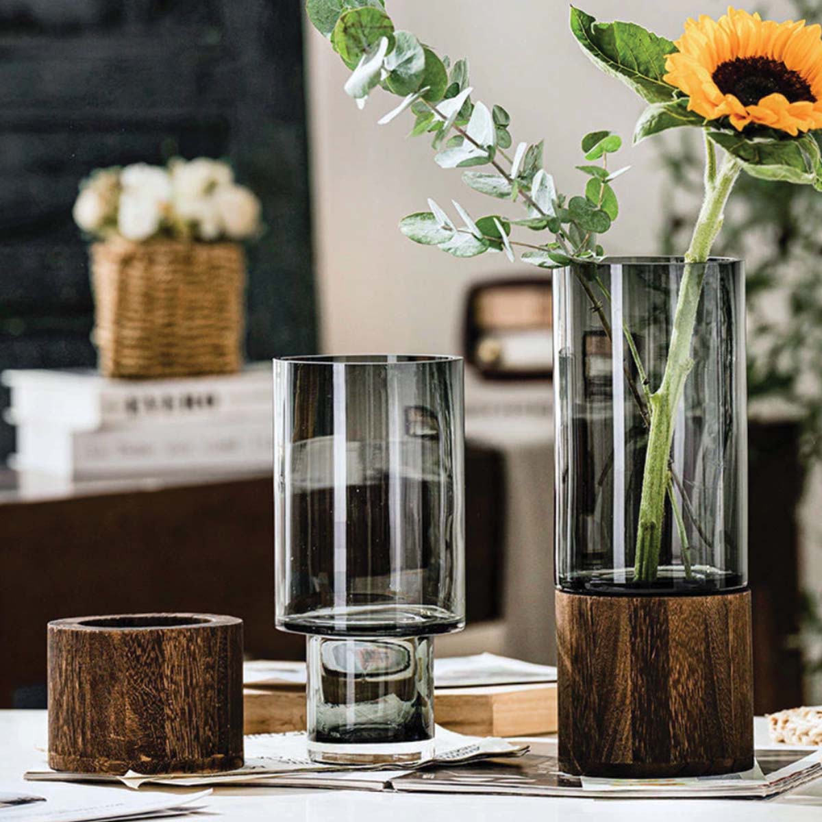 Bloemenvaas Glas en Hout – Moderne Decoratieve Vaas-Vases-DeWoonVallei