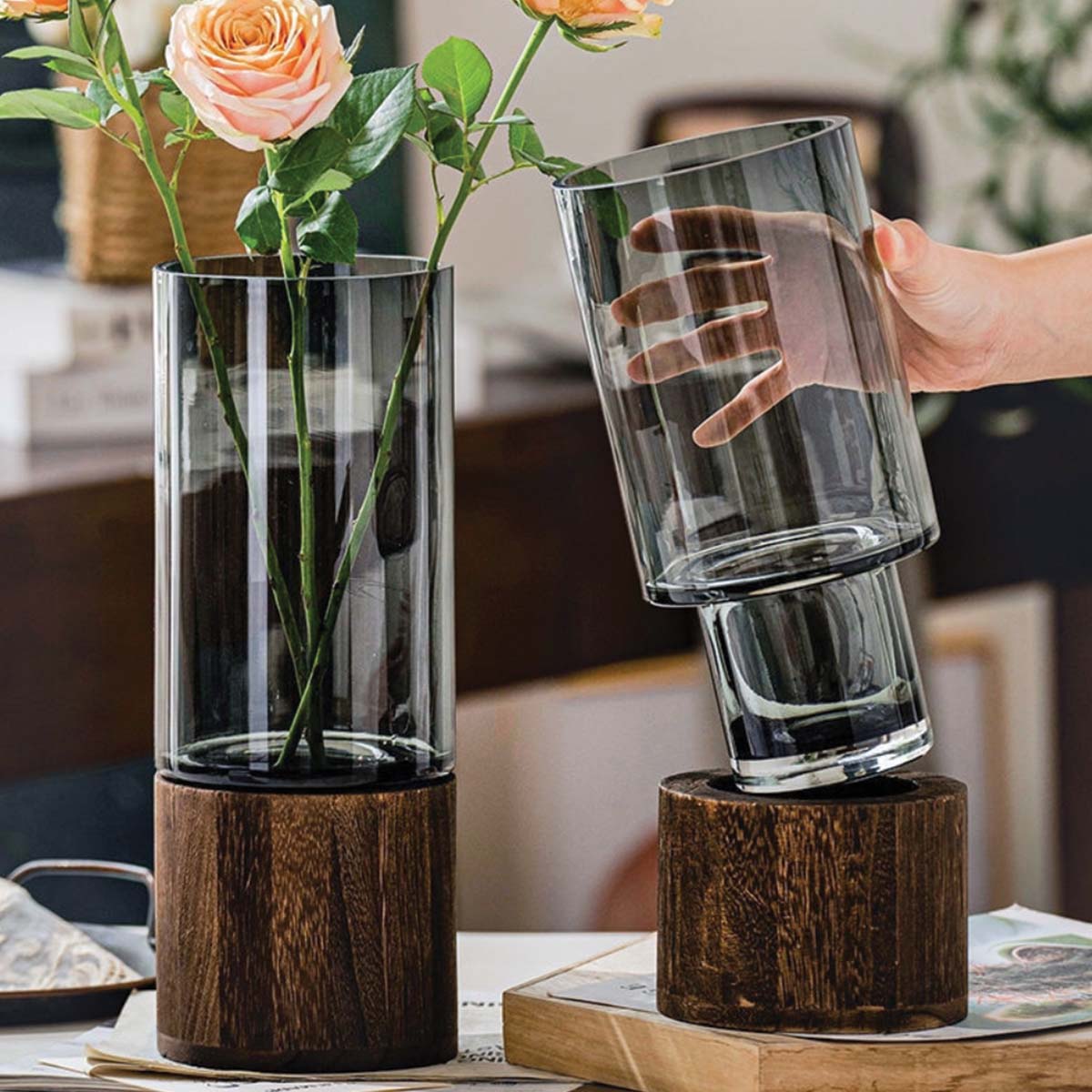 Bloemenvaas Glas en Hout – Moderne Decoratieve Vaas-Vases-DeWoonVallei