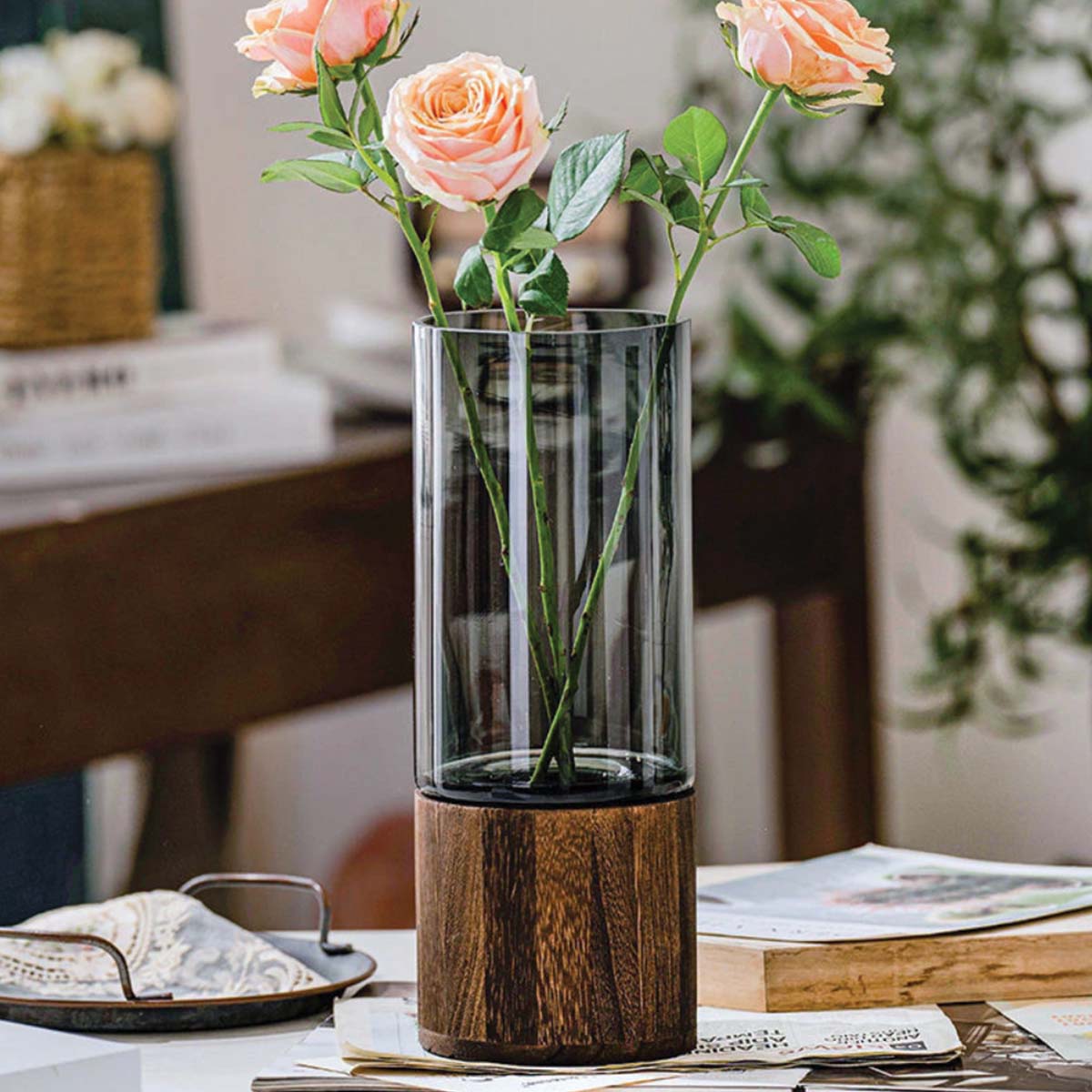 Bloemenvaas Glas en Hout – Moderne Decoratieve Vaas-Vases-DeWoonVallei