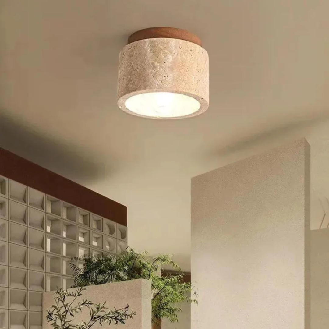 Cilindervormige Travertin Plafondlamp met Houten Accent – Japans Geïnspireerd Design met Warm Licht-DeWoonVallei-DeWoonVallei