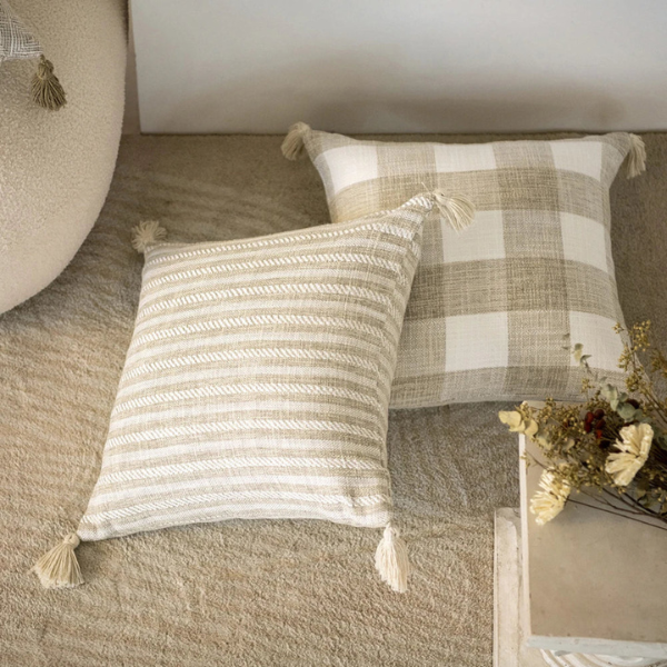 Crème Linnen Kussensloop met Geometrisch Patroon voor Gezellig Wonen-Cushion Cover-DeWoonVallei-DeWoonVallei