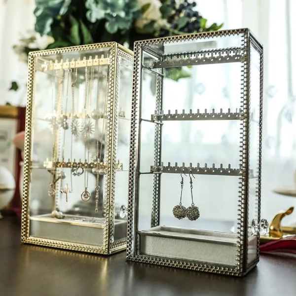 Elegante Glazen Sieraden Displaykast met Zilveren Kantdecor Organizer-Jewelry box-DeWoonVallei-Goud-DeWoonVallei