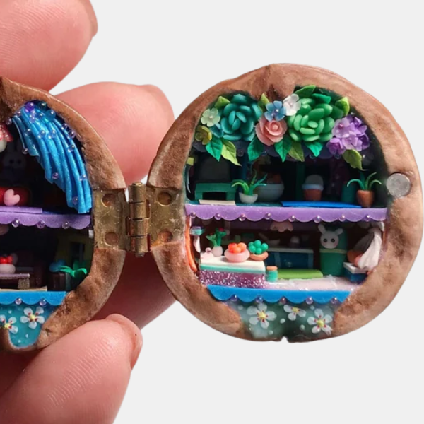 Handgemaakt Mini Notendop Poppenhuis Met Betoverende Miniatuurkamers Voor Decoratie-Decor-DeWoonVallei-Bloemenboekwinkel-DeWoonVallei