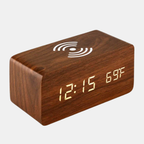 Houten LED Wekker Japandi Stijl met Draadloos Opladen en Spraakbesturing-Clock-DeWoonVallei-Bruin-DeWoonVallei