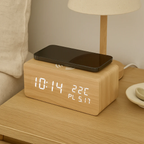 Houten LED Wekker Japandi Stijl met Draadloos Opladen en Spraakbesturing-Clock-DeWoonVallei-DeWoonVallei