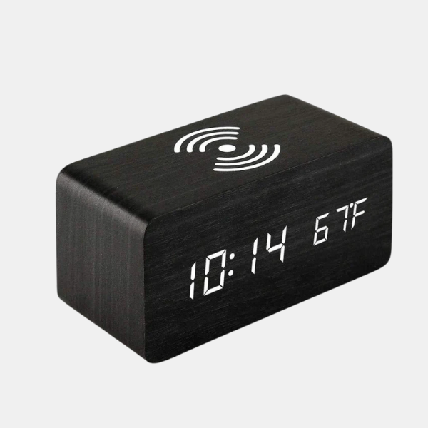 Houten LED Wekker Japandi Stijl met Draadloos Opladen en Spraakbesturing-Clock-DeWoonVallei-Zwart-DeWoonVallei