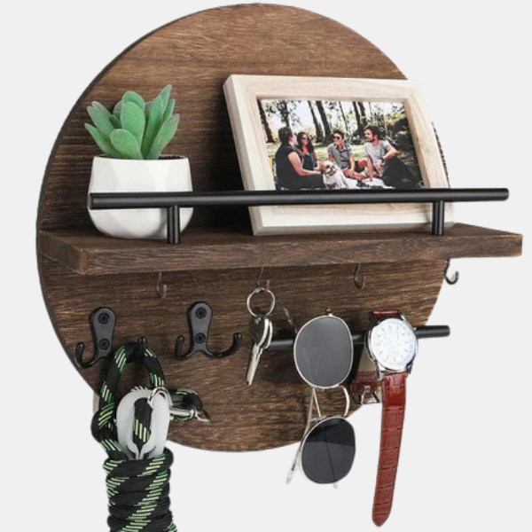 Houten Ronde Sleutelhouder Stijlvolle Eco-Vriendelijke Oplossing voor de Entree-Storage Organization-DeWoonVallei-Bruin met Zwart-DeWoonVallei