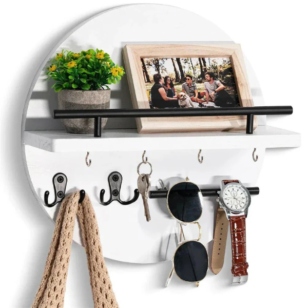 Houten Ronde Sleutelhouder Stijlvolle Eco-Vriendelijke Oplossing voor de Entree-Storage Organization-DeWoonVallei-Wit met Zwart-DeWoonVallei