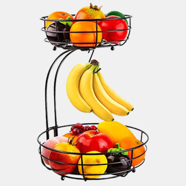 IJzeren 2-laagse Fruitschaal en Groentemand voor Aanrecht met Bananenhouder Keuken Opbergorganizer-Kitchen organizers-DeWoonVallei-DeWoonVallei