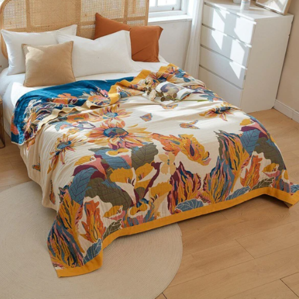 Katoenen Plaid Zachte Comfort en Natuurlijke Stijl-Blankets-DeWoonVallei-Crème Oranje + Blauwe Bloemen-200x230cm-DeWoonVallei