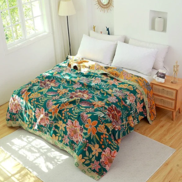 Katoenen Plaid Zachte Comfort en Natuurlijke Stijl-Blankets-DeWoonVallei-Donkergroen + Oranje Bloemenpatroon-200x230cm-DeWoonVallei