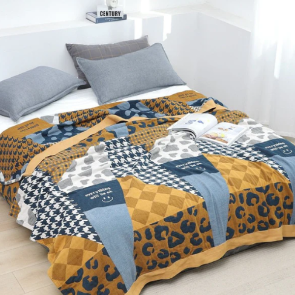 Katoenen Plaid Zachte Comfort en Natuurlijke Stijl-Blankets-DeWoonVallei-Goud + Blauw Multi-200x230cm-DeWoonVallei