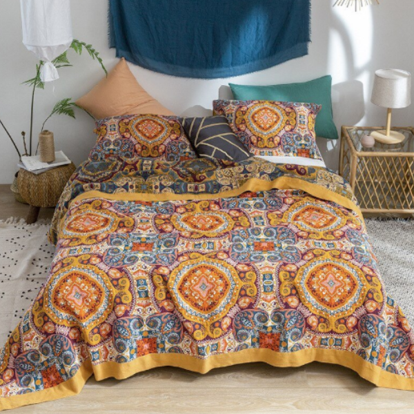 Katoenen Plaid Zachte Comfort en Natuurlijke Stijl-Blankets-DeWoonVallei-Goud Bloemenpatroon-200x230cm-DeWoonVallei