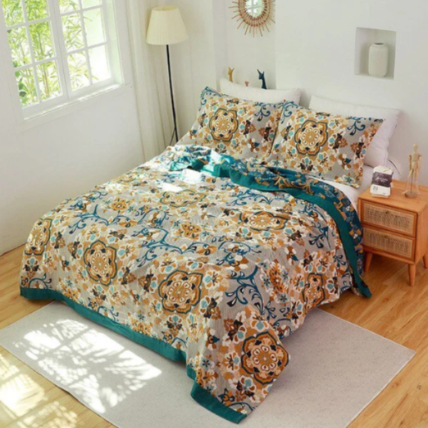 Katoenen Plaid Zachte Comfort en Natuurlijke Stijl-Blankets-DeWoonVallei-Grijs Bloemenpatroon-200x230cm-DeWoonVallei