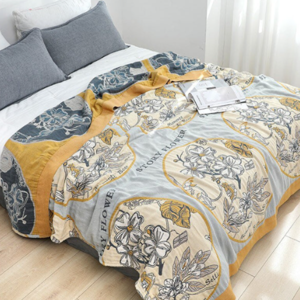 Katoenen Plaid Zachte Comfort en Natuurlijke Stijl-Blankets-DeWoonVallei-Grijs + Gouden Bloemen-200x230cm-DeWoonVallei