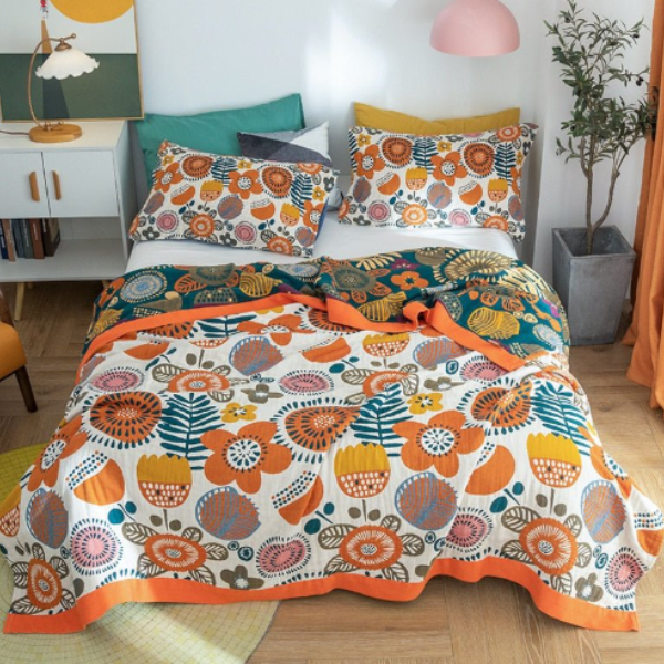 Katoenen Plaid Zachte Comfort en Natuurlijke Stijl-Blankets-DeWoonVallei-Oranje Bloemenpatroon 2-200x230cm-DeWoonVallei