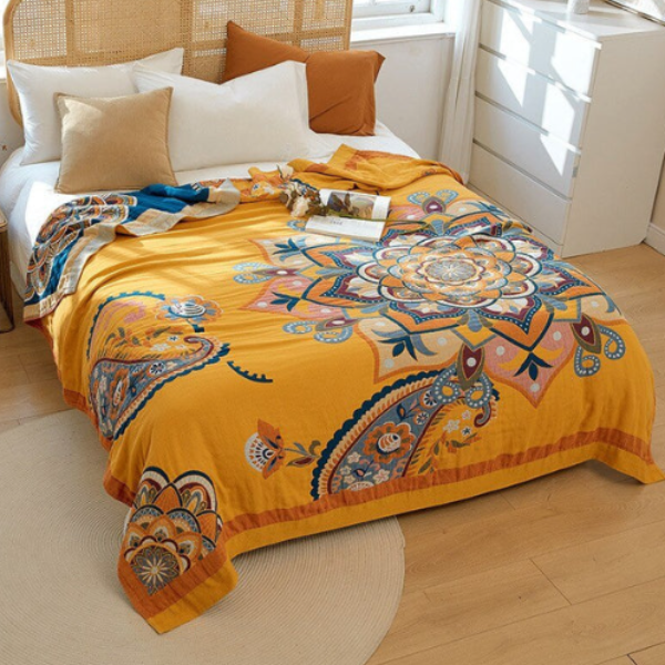 Katoenen Plaid Zachte Comfort en Natuurlijke Stijl-Blankets-DeWoonVallei-Oranje Bloemenpatroon-200x230cm-DeWoonVallei