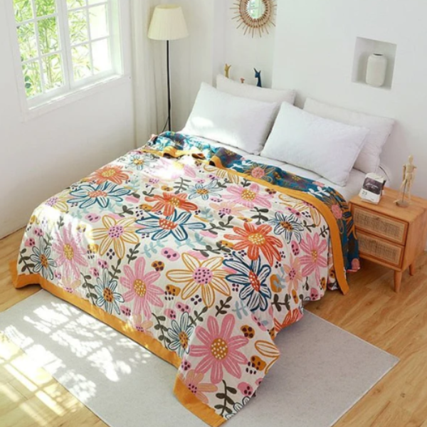 Katoenen Plaid Zachte Comfort en Natuurlijke Stijl-Blankets-DeWoonVallei-Roze Bloemenpatroon-200x230cm-DeWoonVallei