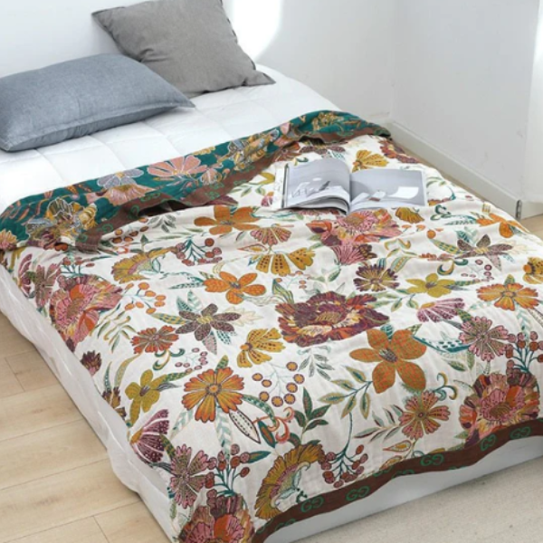 Katoenen Plaid Zachte Comfort en Natuurlijke Stijl-Blankets-DeWoonVallei-Wit Bloemenpatroon 2-200x230cm-DeWoonVallei