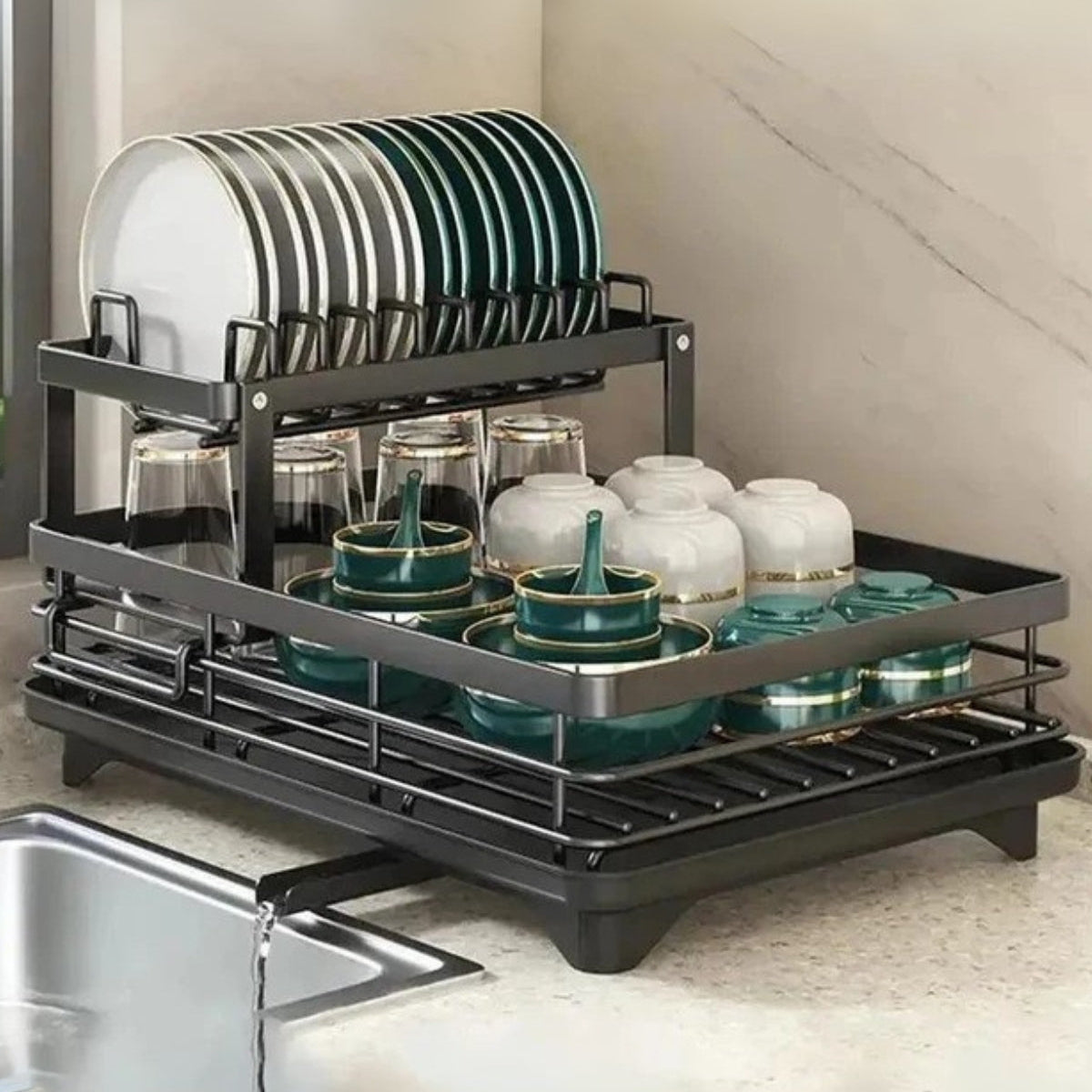 Luxe Afdruiprek met Dubbele Laag – Stijlvol Ontwerp & Slimme Organisatie-Kitchenware-DeWoonVallei-DeWoonVallei