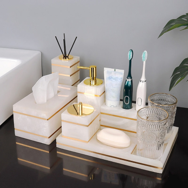 Luxe Witte Marmeren Badkamer Set met Gouden Accenten voor Elegante Organisatie-Bathroom Accessories-DeWoonVallei-DeWoonVallei
