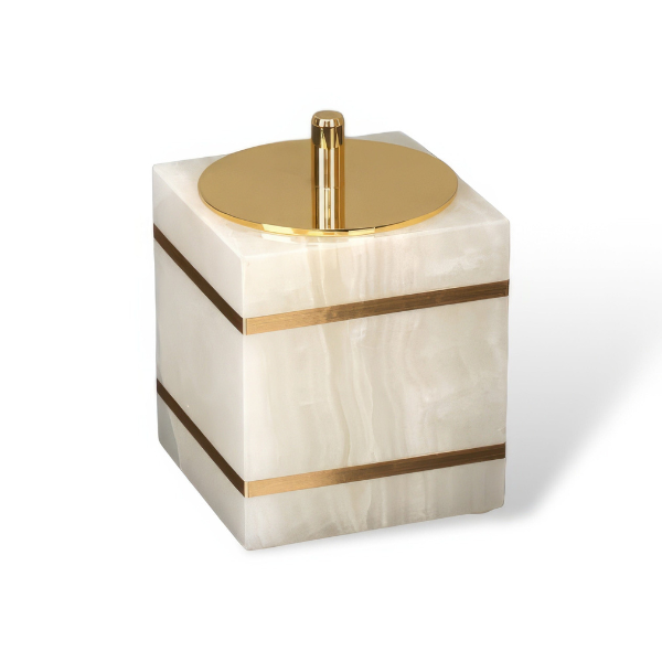 Luxe Witte Marmeren Badkamer Set met Gouden Accenten voor Elegante Organisatie-Bathroom Accessories-DeWoonVallei-Wattenstaafjesdoos (vierkant) - 8 cm L x 8 cm x 9 cm H-DeWoonVallei