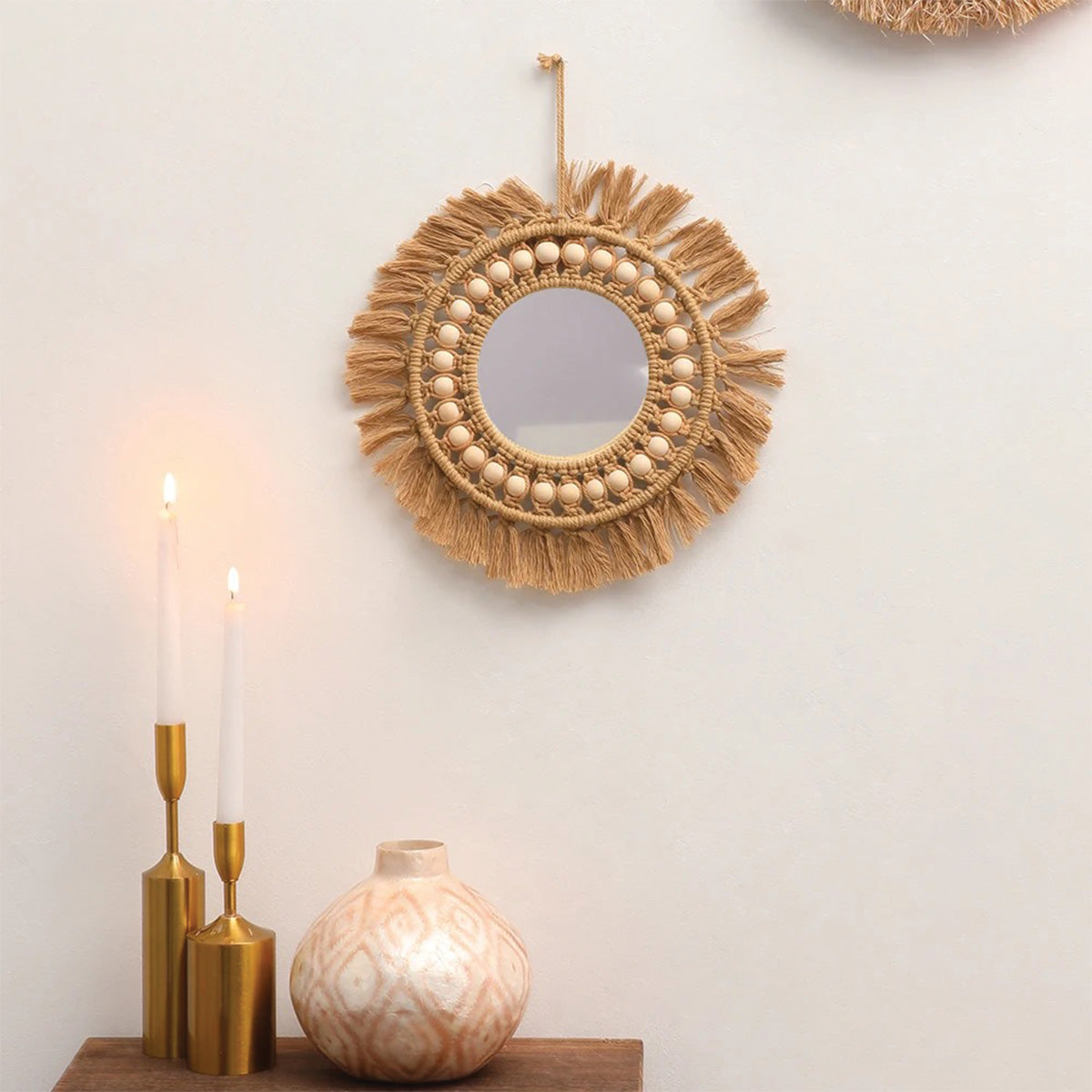 Macramé Spiegel met Kralen – Boho Wanddecoratie-Mirror-Zonder Veren-DeWoonVallei