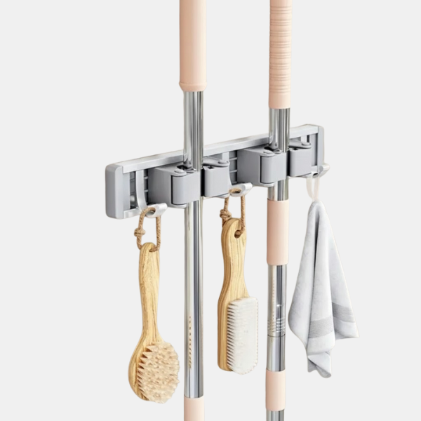 Metalen Wandbezemhouder Met 3 Haken En 2 Clips Ruimtebesparend-Hooks-DeWoonVallei-Zilver-DeWoonVallei