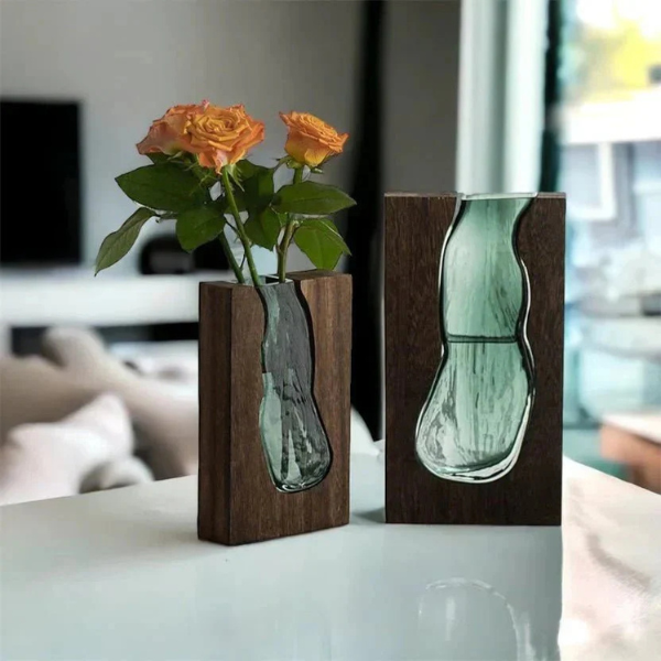 Minimalistische Houten en Glazen Vaas Elegante Natuurlijke Decoratie voor Woonruimtes-Vases-DeWoonVallei-DeWoonVallei