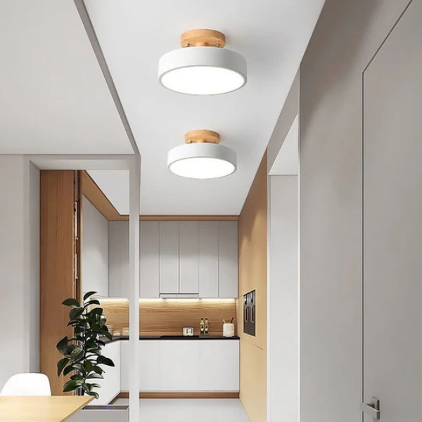 Noordse Ronde LED Plafondlamp met Natuurlijke Houten Accent-Semi-Flush Mount Lighting-DeWoonVallei-DeWoonVallei