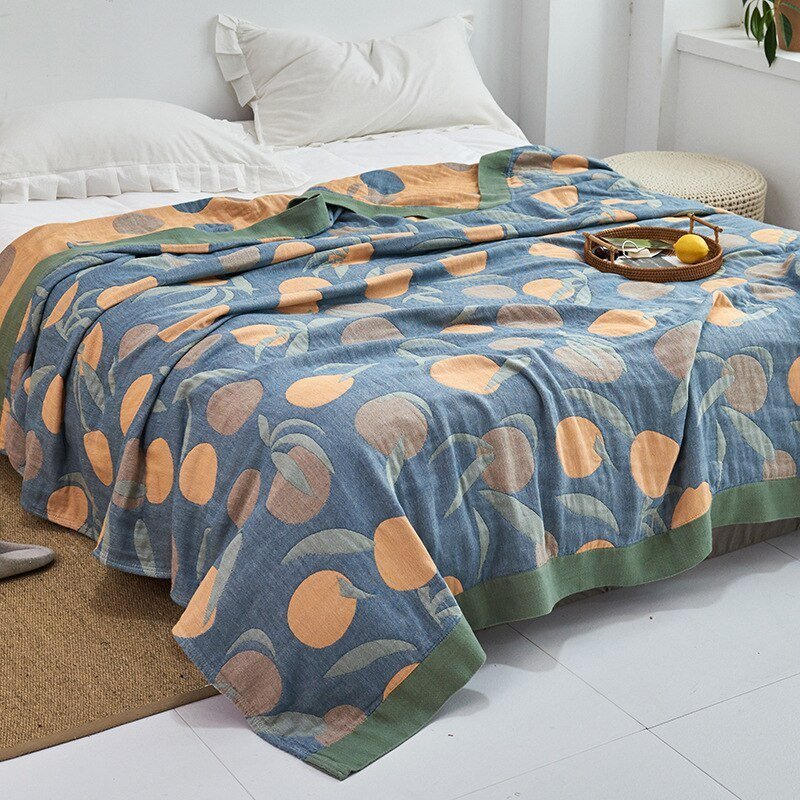 Premium Katoenen Deken met Japans Design – Elegante Warmte & Luxe Comfort voor Thuis-Blankets-DeWoonVallei-Bladeren blauw + oranje-150x200cm-DeWoonVallei