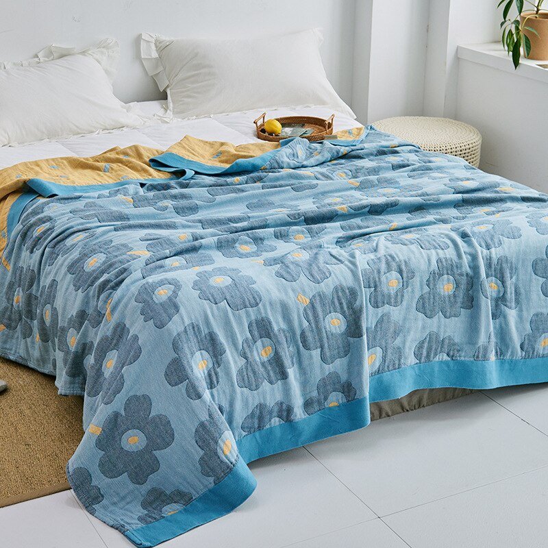 Premium Katoenen Deken met Japans Design – Elegante Warmte & Luxe Comfort voor Thuis-Blankets-DeWoonVallei-Bloemen Blauw-150x200cm-DeWoonVallei