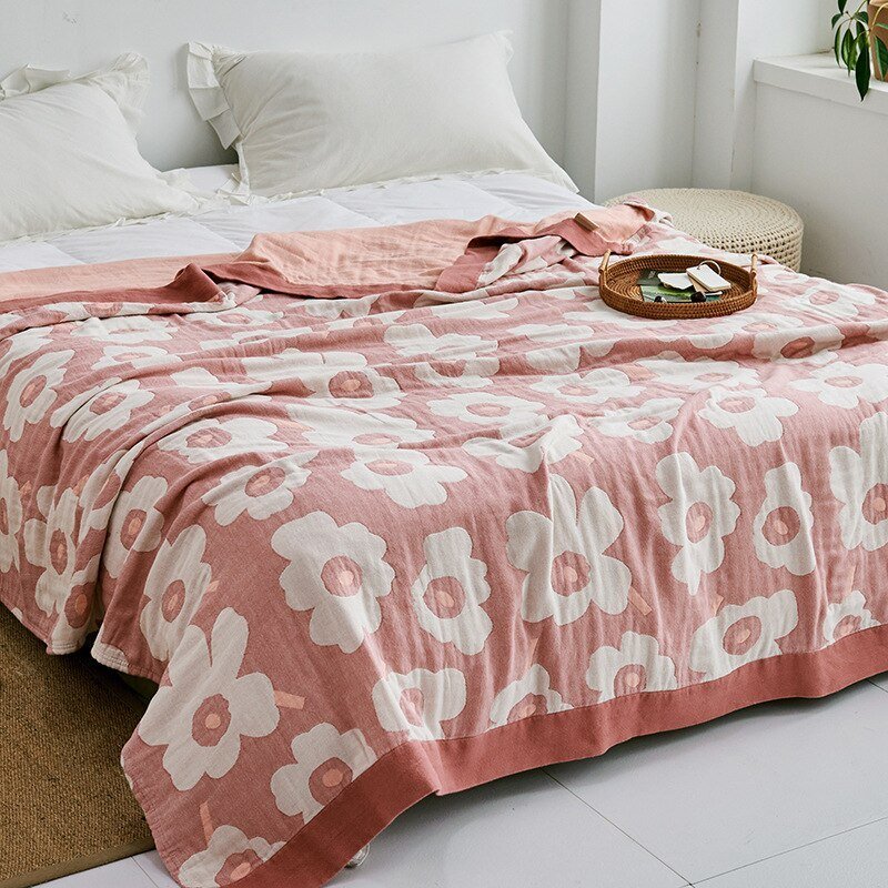 Premium Katoenen Deken met Japans Design – Elegante Warmte & Luxe Comfort voor Thuis-Blankets-DeWoonVallei-Bloemen Roze + Wit-150x200cm-DeWoonVallei