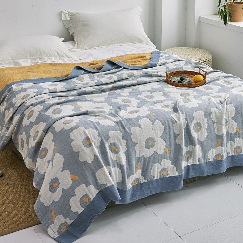 Premium Katoenen Deken met Japans Design – Elegante Warmte & Luxe Comfort voor Thuis-Blankets-DeWoonVallei-Bloemen blauw + wit-150x200cm-DeWoonVallei